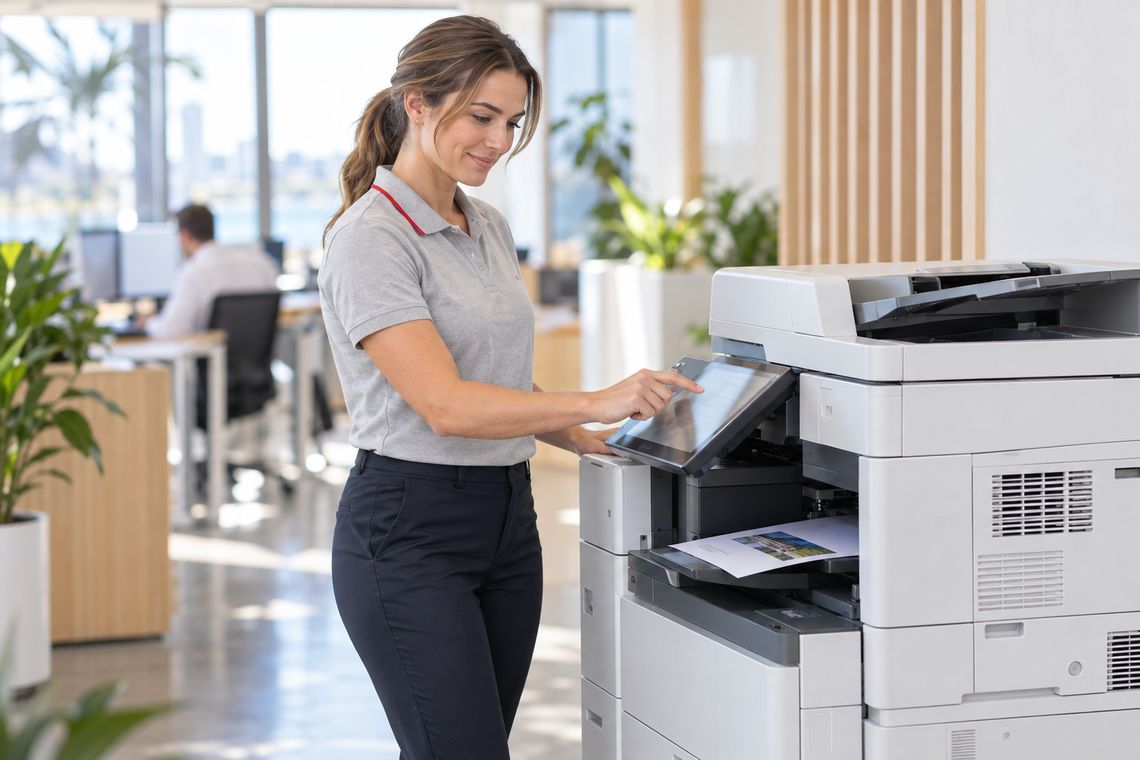 A technician running a test print on an office copier after a printer service